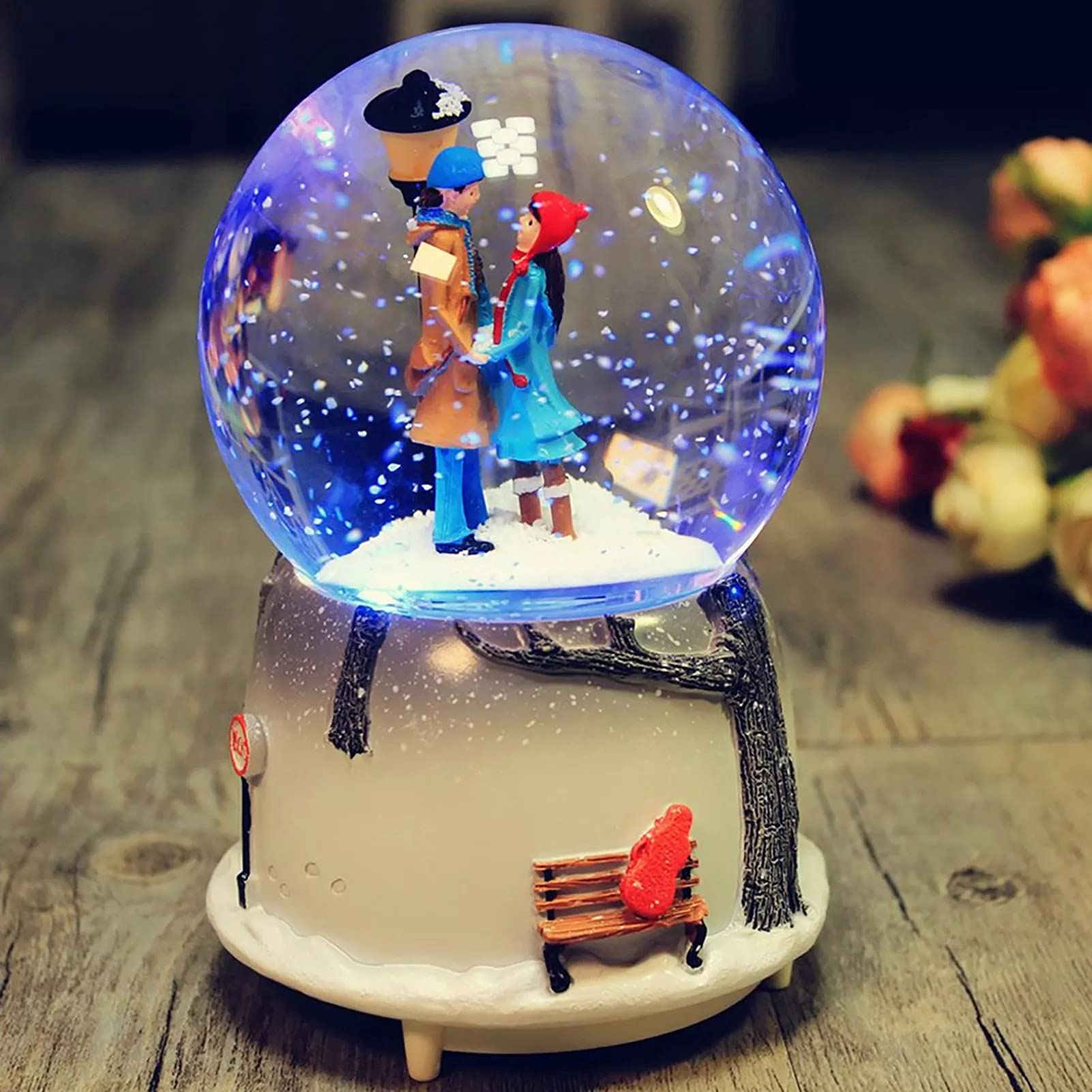 Polar Bear Crystal Ball Music Box With Projection - Rotating Wood